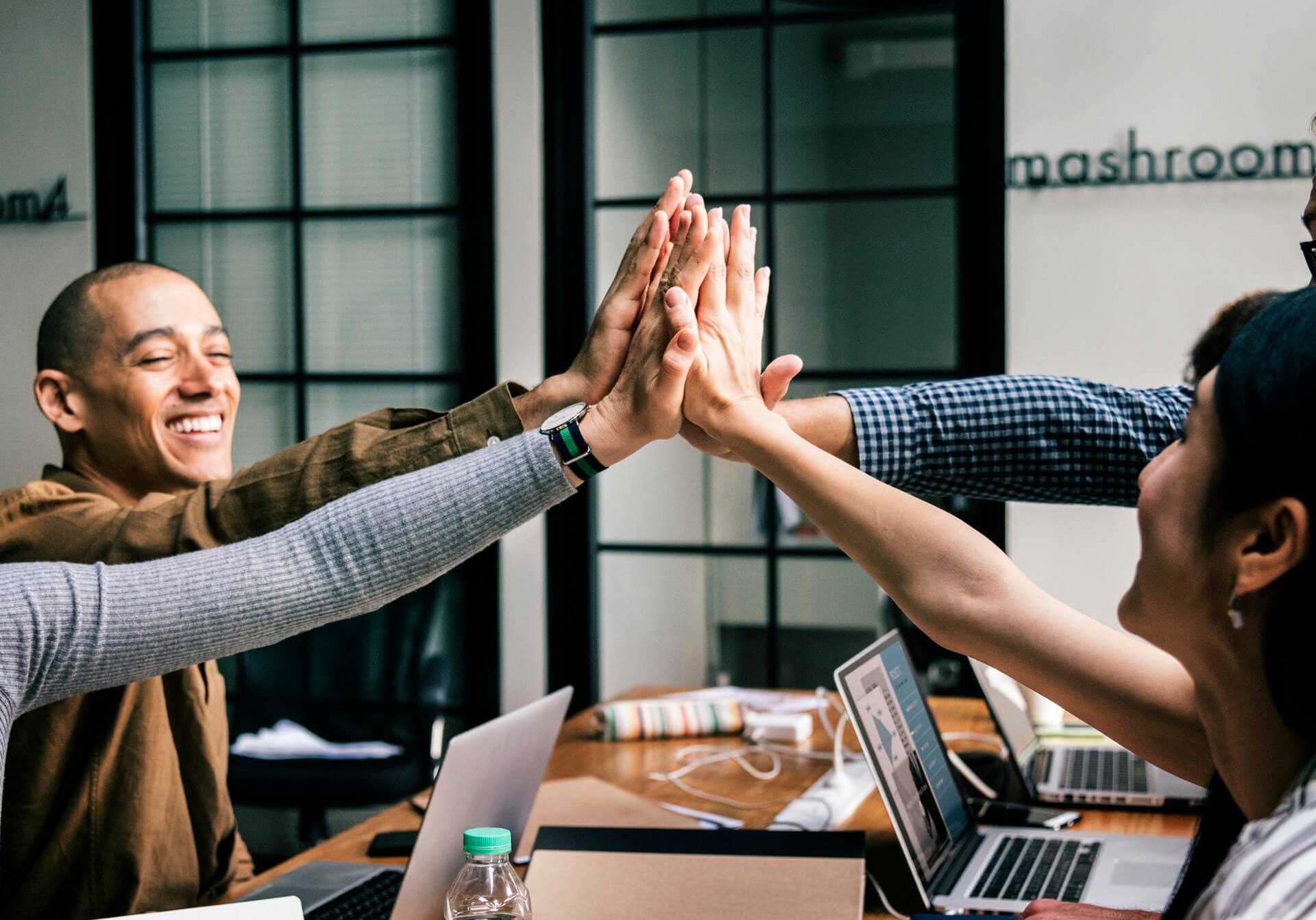 A group of people in an office high-fiving each other, smiling, and celebrating teamwork with laptops and notebooks on the table, showcasing the benefits of using a social media scheduler | plannthat.com