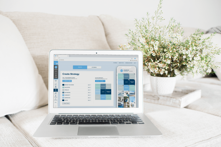 A laptop displaying a social media planner tool on a light-colored couch, with a potted plant and a tray with books in the background, creating a cozy and organized workspace setting. | plannthat.com