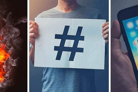Collage of a flaming electric guitar, a person holding a hashtag sign, and a smartphone displaying social media app icons like Facebook, Instagram, Twitter, and LinkedIn, representing a social media scheduler | plannthat.com