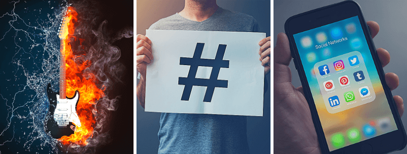 Collage of a flaming electric guitar, a person holding a hashtag sign, and a smartphone displaying social media app icons like Facebook, Instagram, Twitter, and LinkedIn, representing a social media scheduler | plannthat.com