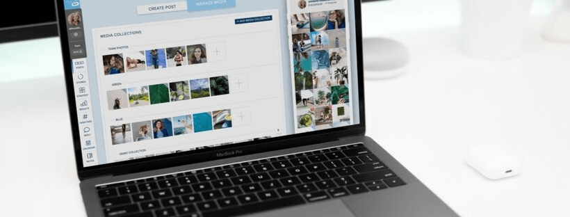 A MacBook Pro displaying a media management software interface on a desk, with various image collections categorized by themes, ideal for a social media scheduler | plannthat.com