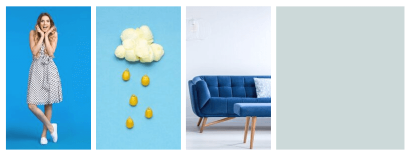 A woman in a polka dot dress on a blue background, a cloud with raindrops, a blue sofa in a minimalist room, and a blank light grey panel, illustrating elements of a social media scheduler | plannthat.com