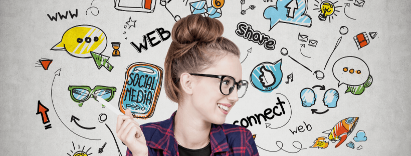 A woman with glasses and a bun smiles while holding a pen, with colorful doodles representing social media, web, and connectivity concepts, including icons like speech bubbles, arrows, and clouds on a white background, illustrating the role of a social media planner | plannthat.com