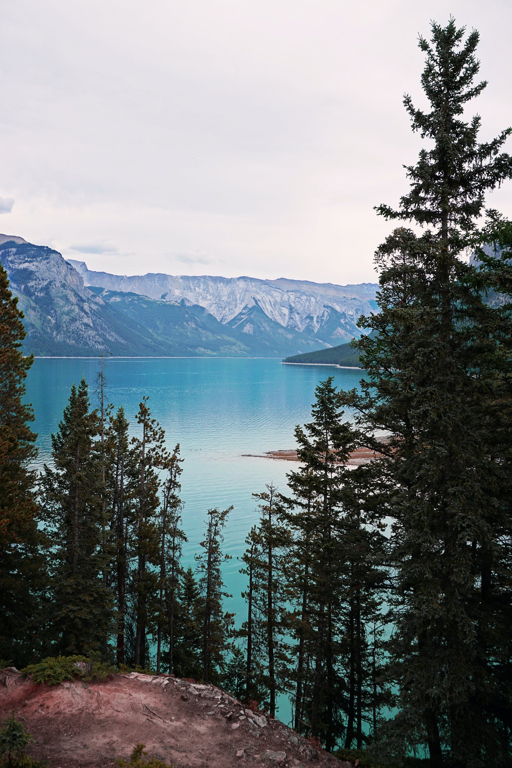 A serene lake surrounded by tall evergreen trees with distant snow-capped mountains under a cloudy sky, featuring turquoise water contrasting beautifully with the rugged landscape, creating a peaceful and picturesque natural scene, perfect for sharing with a social media scheduler | plannthat.com