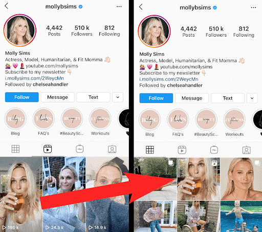 An Instagram Reels gallery vs an Instagram grid gallery