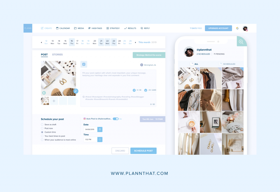 A social media scheduler dashboard displaying post scheduling, calendar, media library, and analytics. Features include image upload, hashtag suggestions, auto-posting, and a preview of scheduled Instagram posts. | plannthat.com