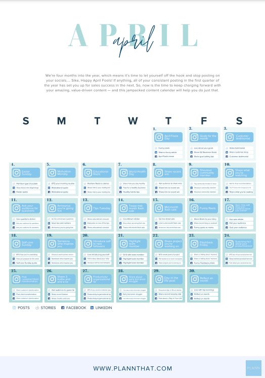 NEW! April Content Calendar (With 30 Days Of Free Canva Templates!) Plann