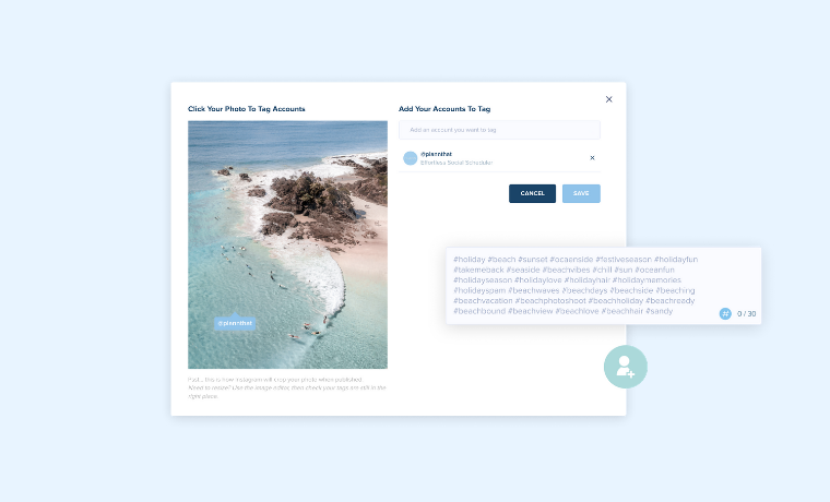 Aerial view of a beach with clear turquoise waters and rocky outcrops, featuring an interface to tag social media accounts in the photo with a tagging feature and hashtag suggestions | Social media scheduler | plannthat.com