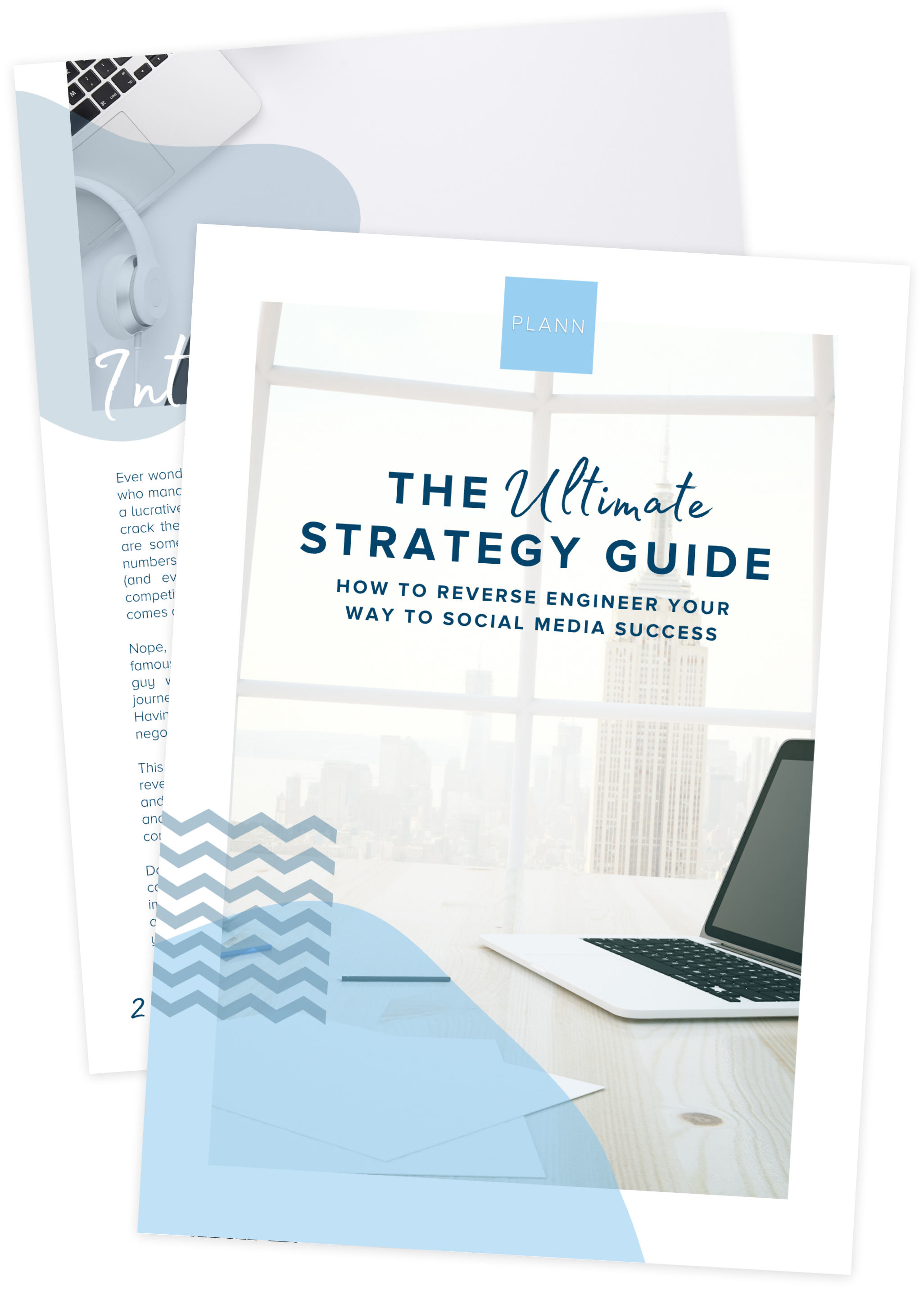Mockup of "The Ultimate Strategy Guide" by Plann featuring a laptop, cityscape background, and text on social media success, partially overlaid by a page with a megaphone graphic | social media planner | plannthat.com