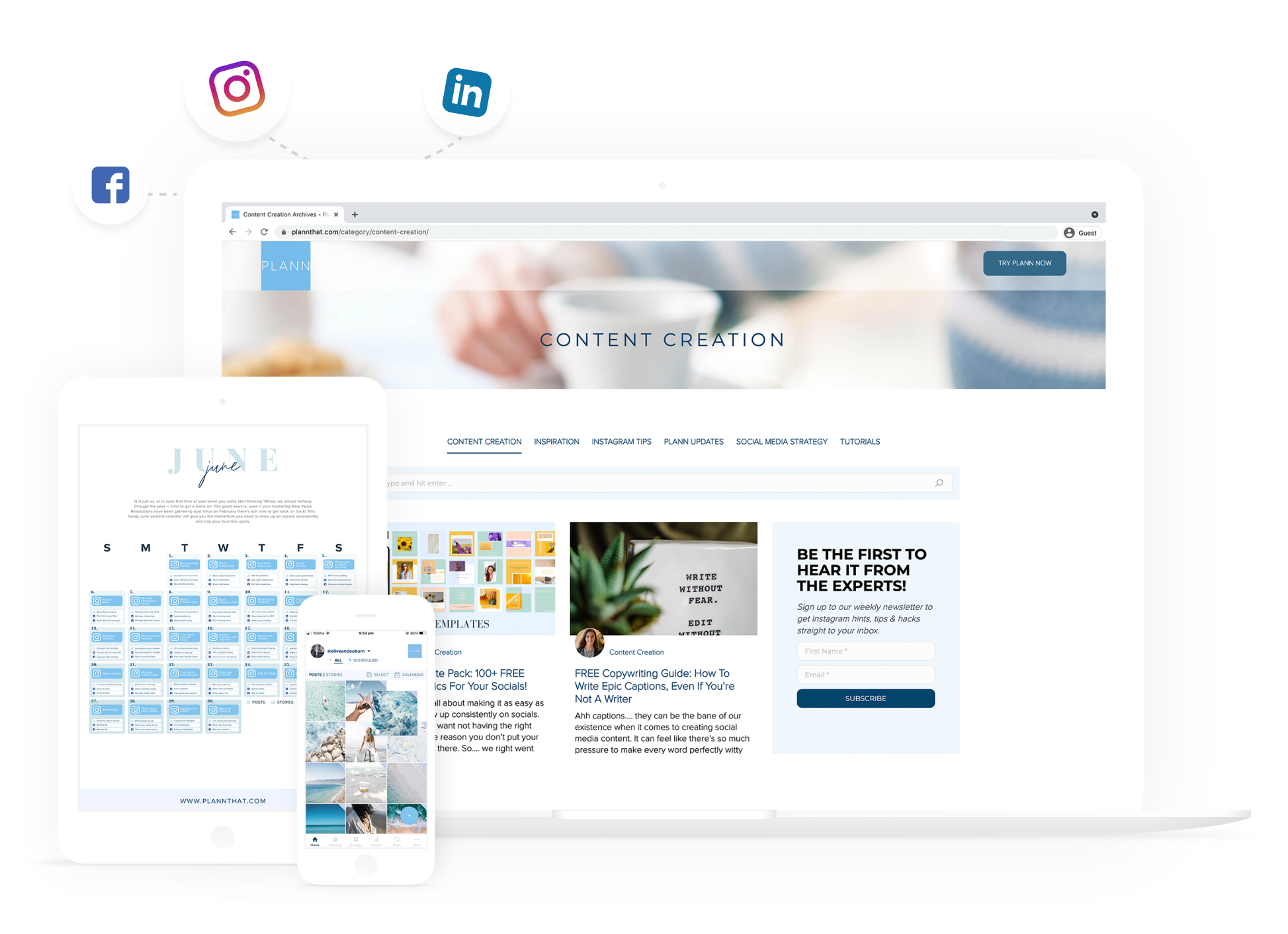 A laptop, tablet, and smartphone display content creation tools and social media tips, with icons for Facebook, Instagram, and LinkedIn. The screen features a calendar and articles on content strategies, highlighting a social media planner | plannthat.com
