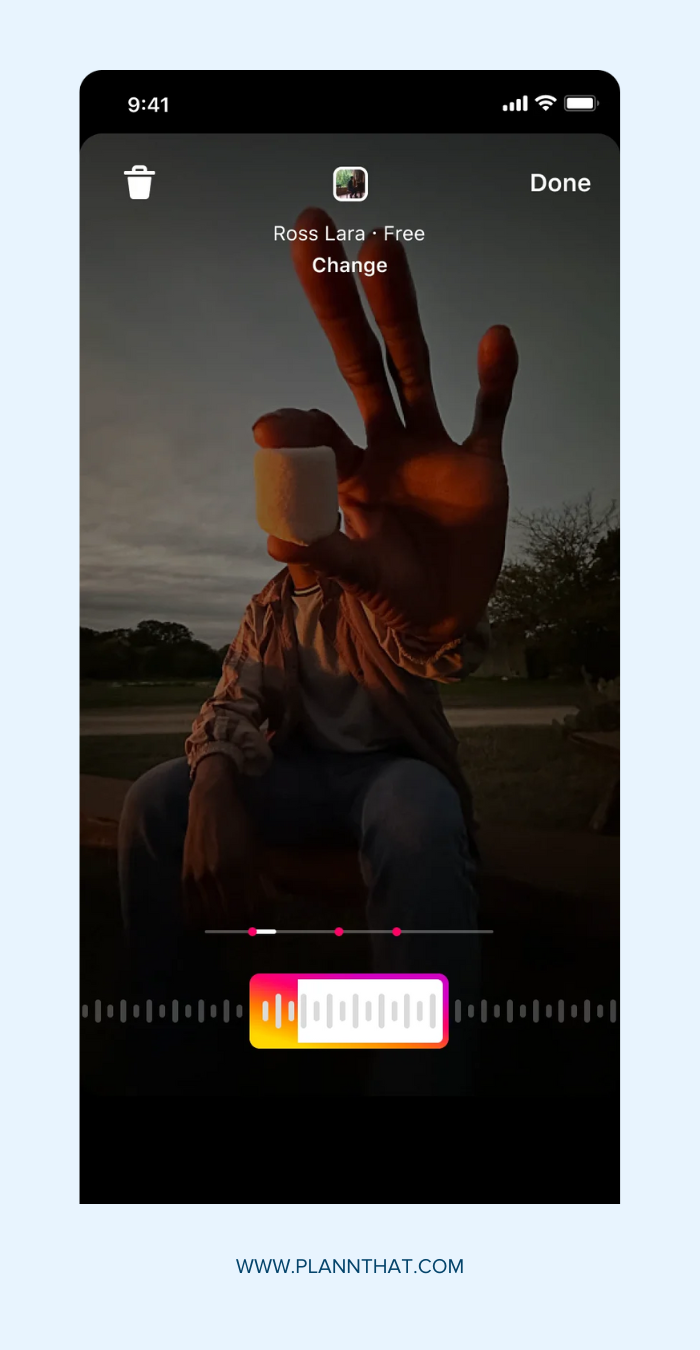 Screenshots showing the steps involved in adding music to Instagram videos.