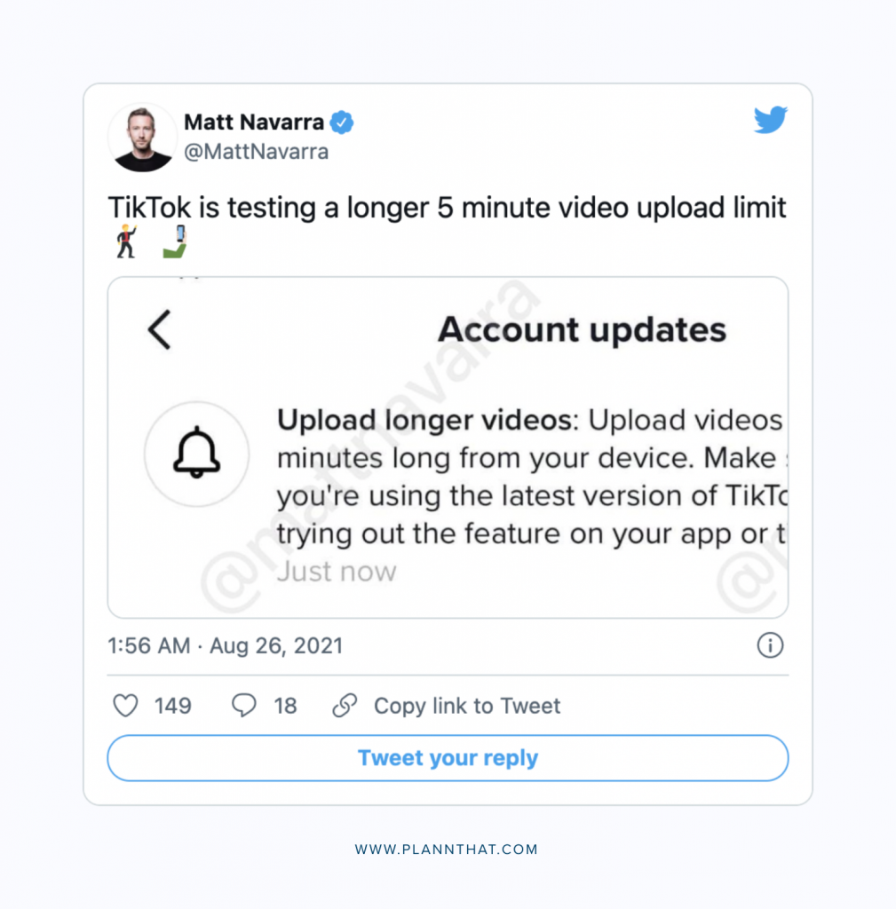 TikTok Testing 5 minute videos Tweet