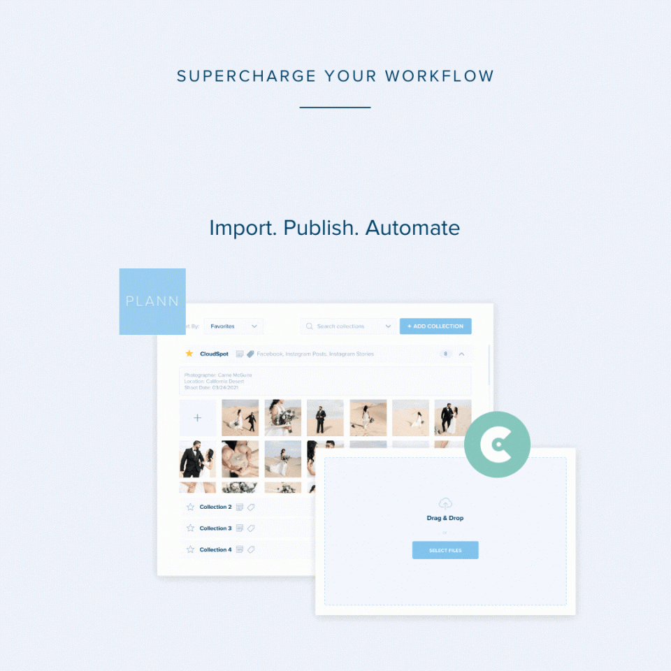 Screenshot of Plann's interface for importing, publishing, and automating social media content, featuring a drag-and-drop upload area and collection management | social media scheduler | plannthat.com