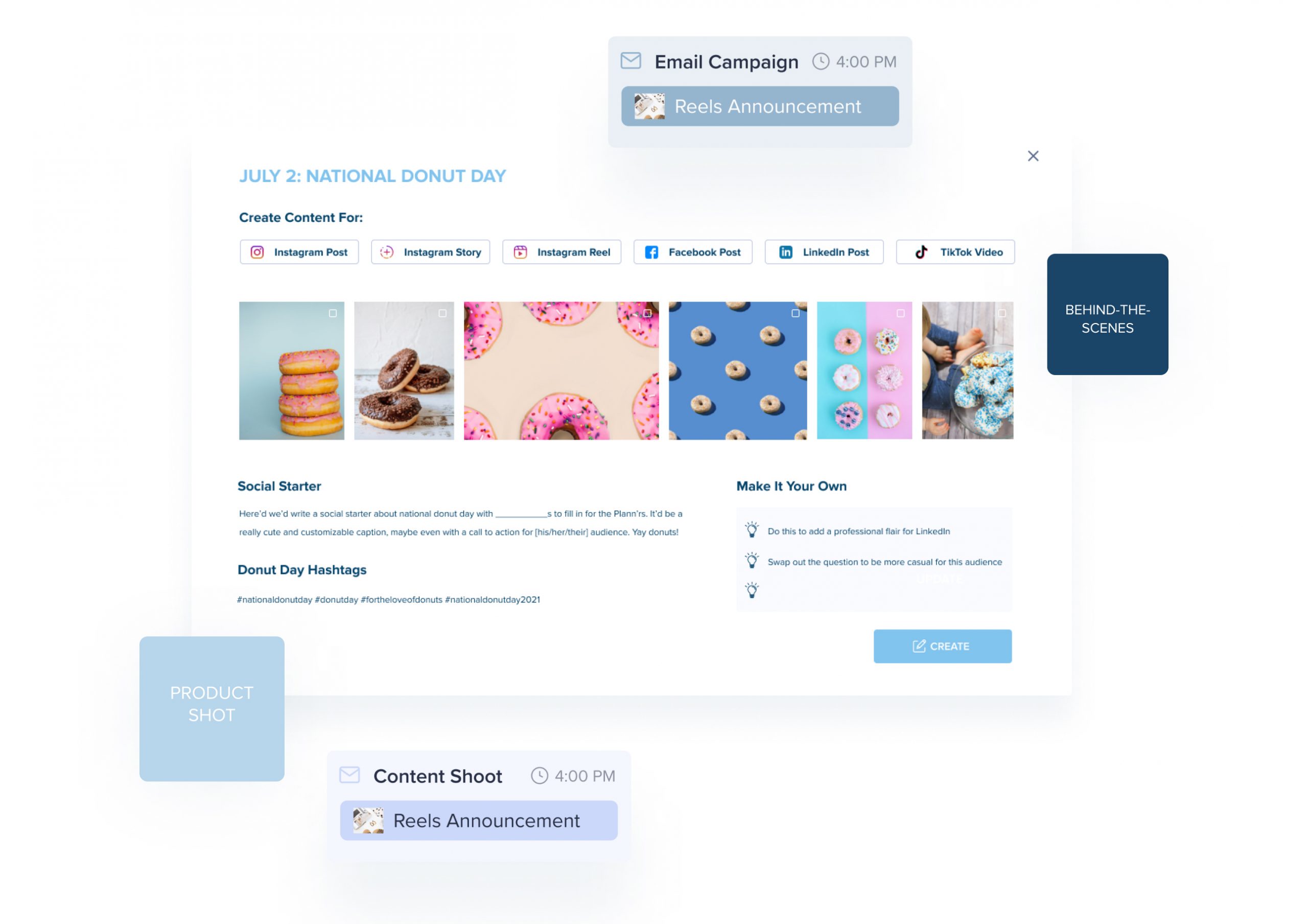 Digital planner for National Donut Day on July 2 with options to create content for various social media platforms, featuring donut images, hashtags, customization tips, and mentions of email and reels announcements for content scheduling | plannthat.com Digital planner for National Donut Day on July 2 with options to create content for various social media platforms, featuring donut images, hashtags, customization tips, and mentions of email and reels announcements for content scheduling | plannthat.com
