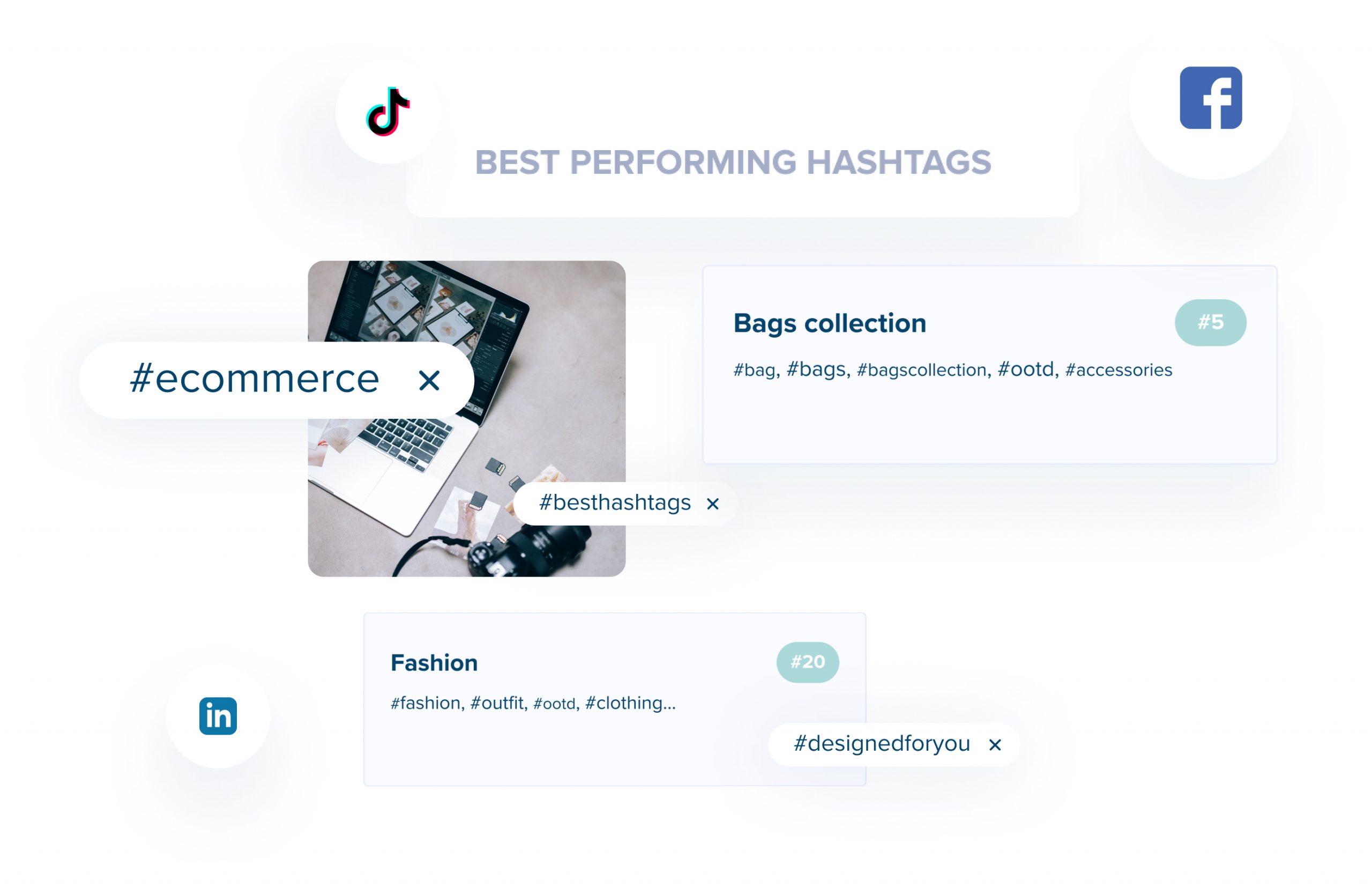 An image showing best-performing hashtags for TikTok, Facebook, and LinkedIn, including #ecommerce, #besthashtags, #bagscollection, and #fashion, alongside a laptop and camera, highlighting the effectiveness of a social media scheduler | plannthat.com An image showing best-performing hashtags for TikTok, Facebook, and LinkedIn, including #ecommerce, #besthashtags, #bagscollection, and #fashion, alongside a laptop and camera, highlighting the effectiveness of a social media scheduler | plannthat.com