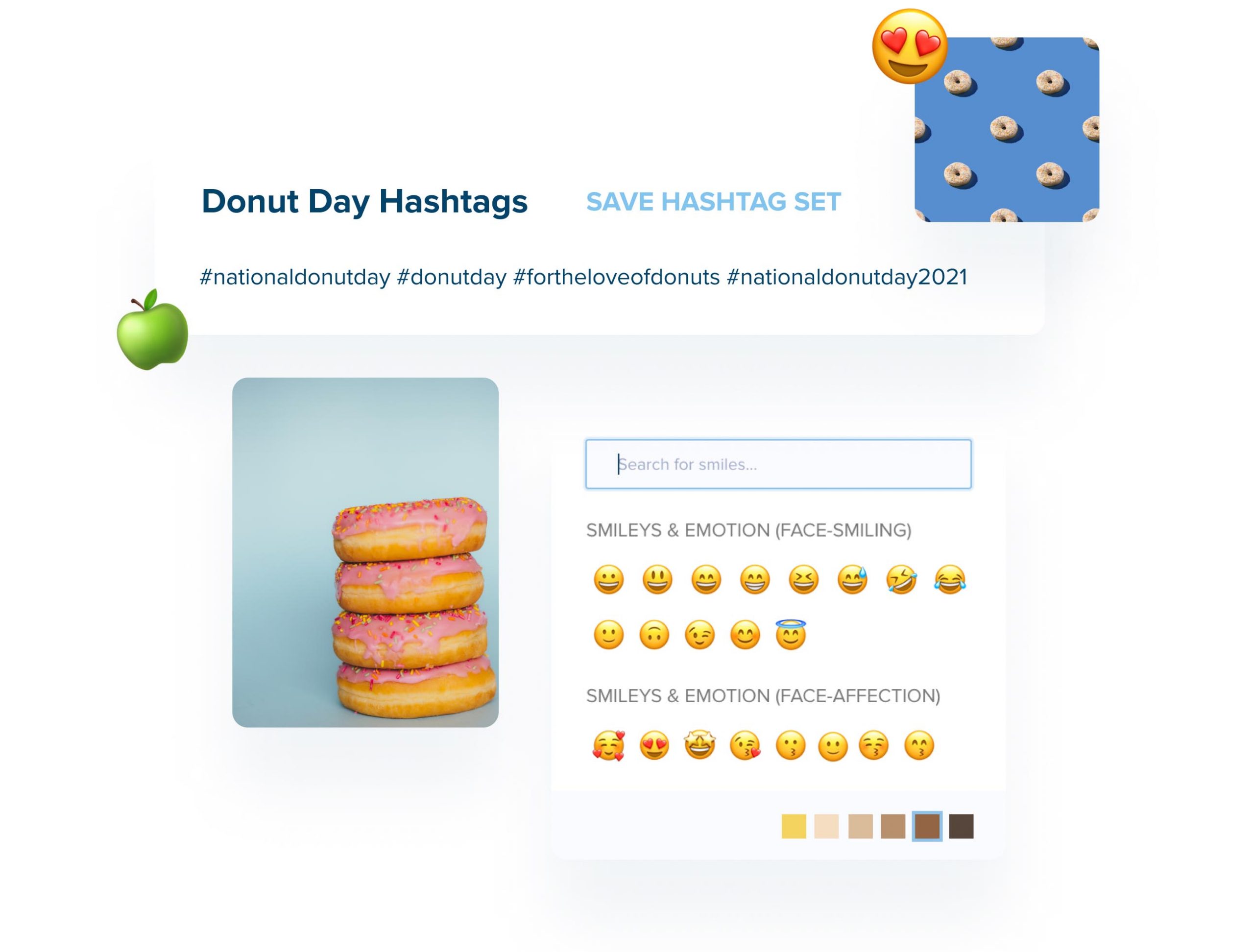 Stack of pink frosted donuts with sprinkles, surrounded by Donut Day hashtags and a search bar for smiley emojis, including #nationaldonutday and other related hashtags, promoting the use of a social media scheduler | plannthat.com Stack of pink frosted donuts with sprinkles, surrounded by Donut Day hashtags and a search bar for smiley emojis, including #nationaldonutday and other related hashtags, promoting the use of a social media scheduler | plannthat.com