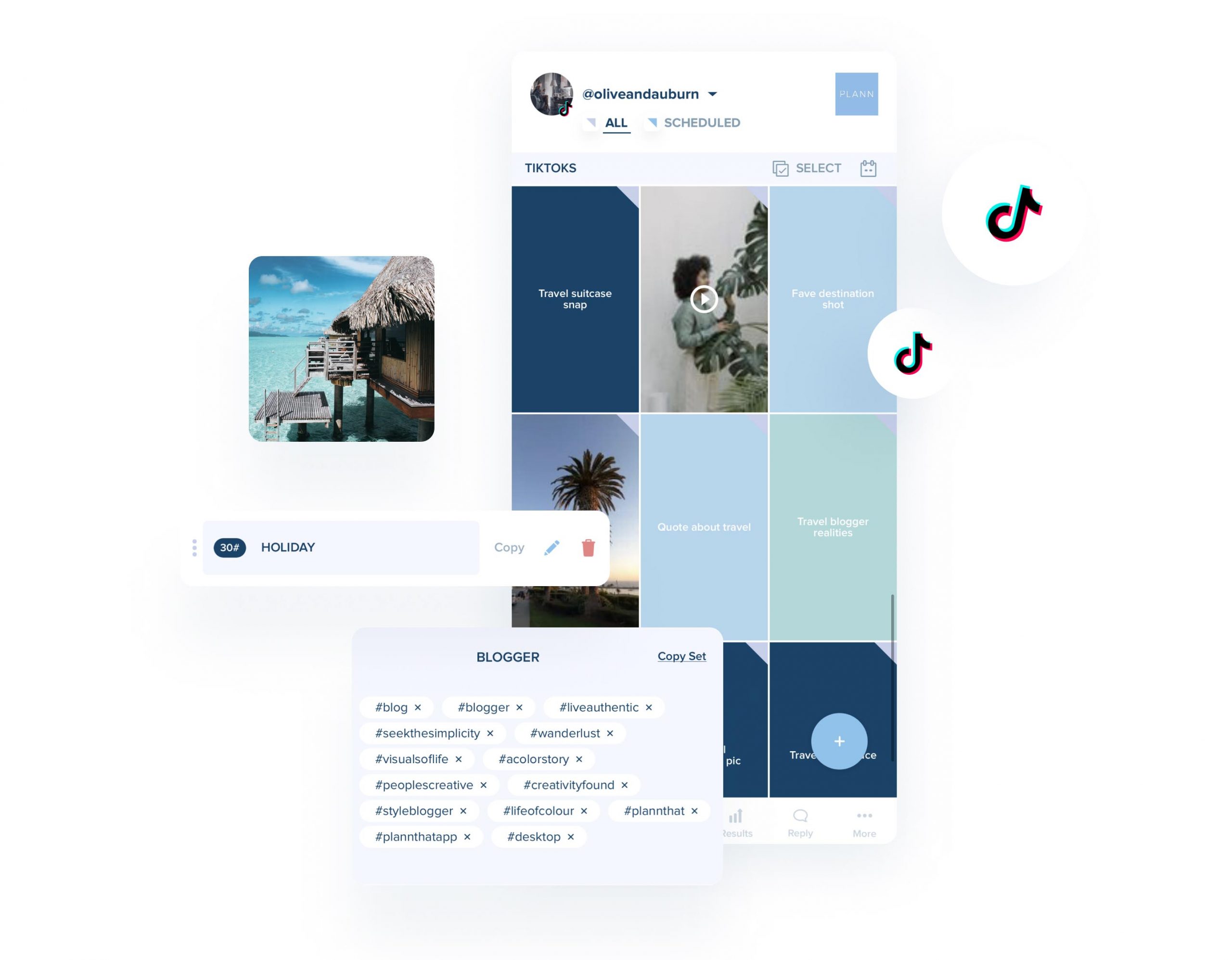 A digital planner interface displaying scheduled TikTok posts, hashtags, and a tropical holiday image. The screen shows various content categories, including travel suitcase setup and quiet outdoor retreat, with TikTok icons and a user profile at the top. | Social media scheduler | plannthat.com A digital planner interface displaying scheduled TikTok posts, hashtags, and a tropical holiday image. The screen shows various content categories, including travel suitcase setup and quiet outdoor retreat, with TikTok icons and a user profile at the top. | Social media scheduler | plannthat.com