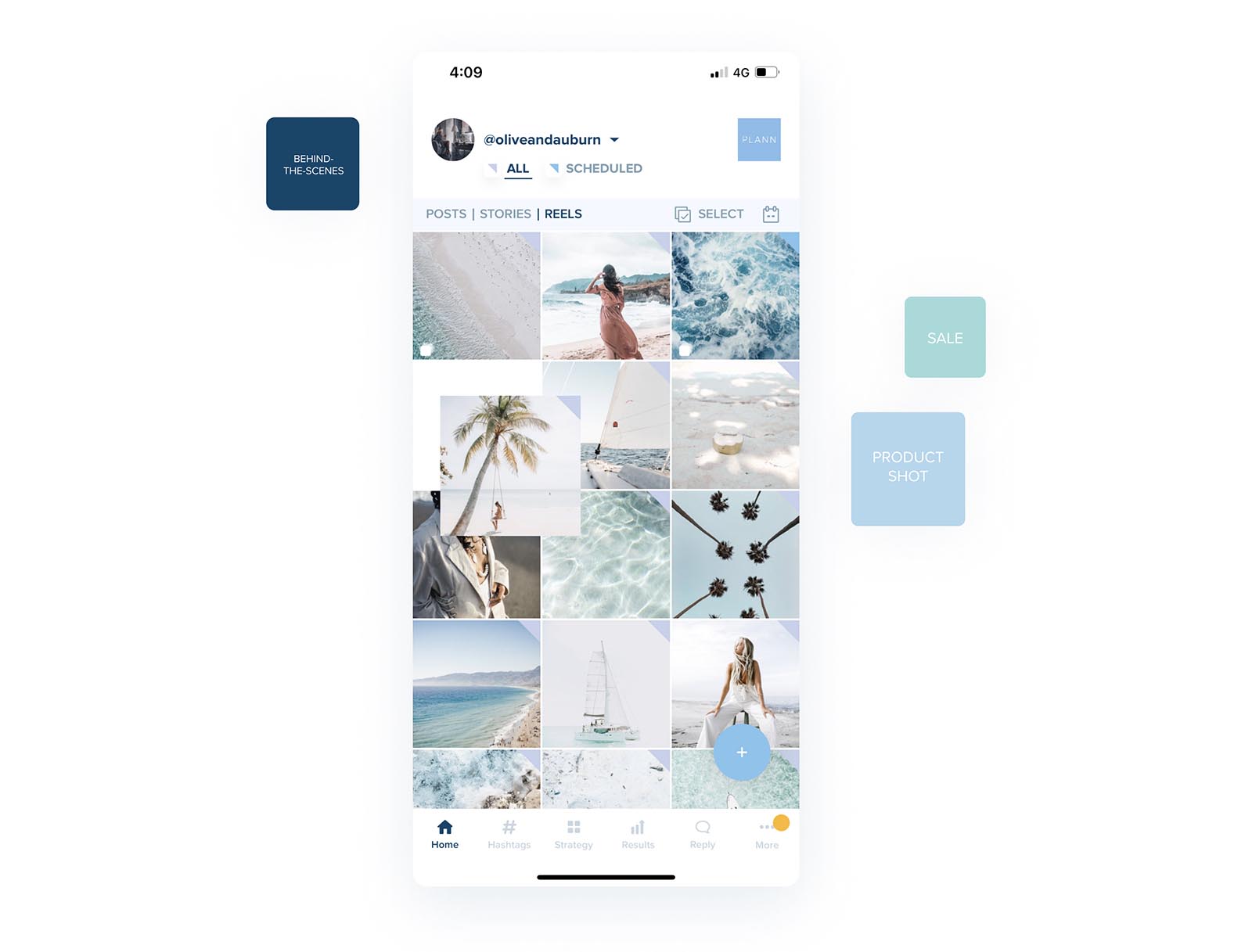 Instagram profile page with a grid of beach and ocean-themed photos, showcasing options for posts, stories, and reels. Navigation icons are visible at the bottom, with labels for "Behind-the-Scenes," "Sale," and "Product Shot." | Social media planner | plannthat.com Instagram profile page with a grid of beach and ocean-themed photos, showcasing options for posts, stories, and reels. Navigation icons are visible at the bottom, with labels for "Behind-the-Scenes," "Sale," and "Product Shot." | Social media planner | plannthat.com