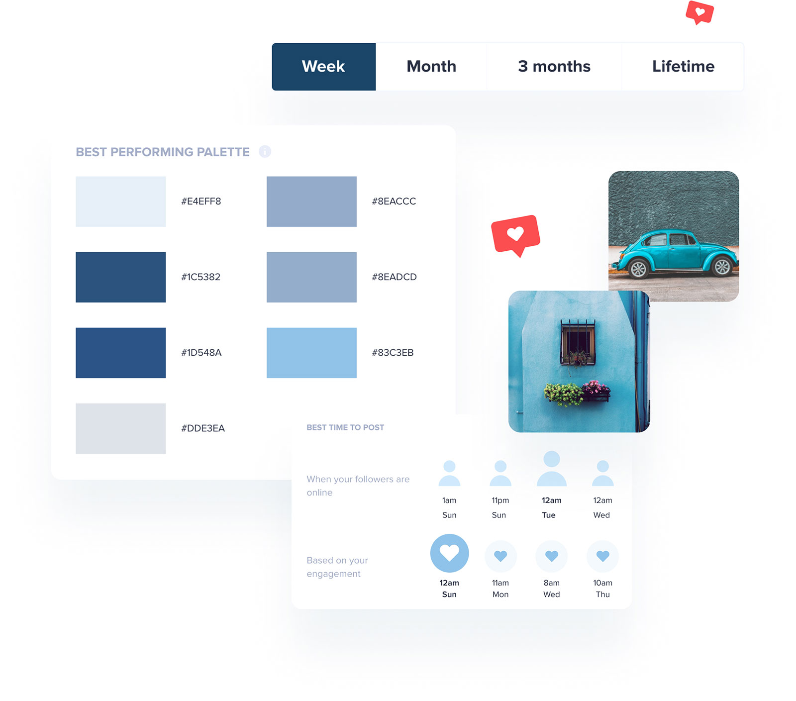 Image showing best performing color palette with six shades of blue, best times to post on social media, and engagement icons. Two photos: a blue car and a blue wall with a window and flowers | Social media scheduler | plannthat.com Image showing best performing color palette with six shades of blue, best times to post on social media, and engagement icons. Two photos: a blue car and a blue wall with a window and flowers | Social media scheduler | plannthat.com
