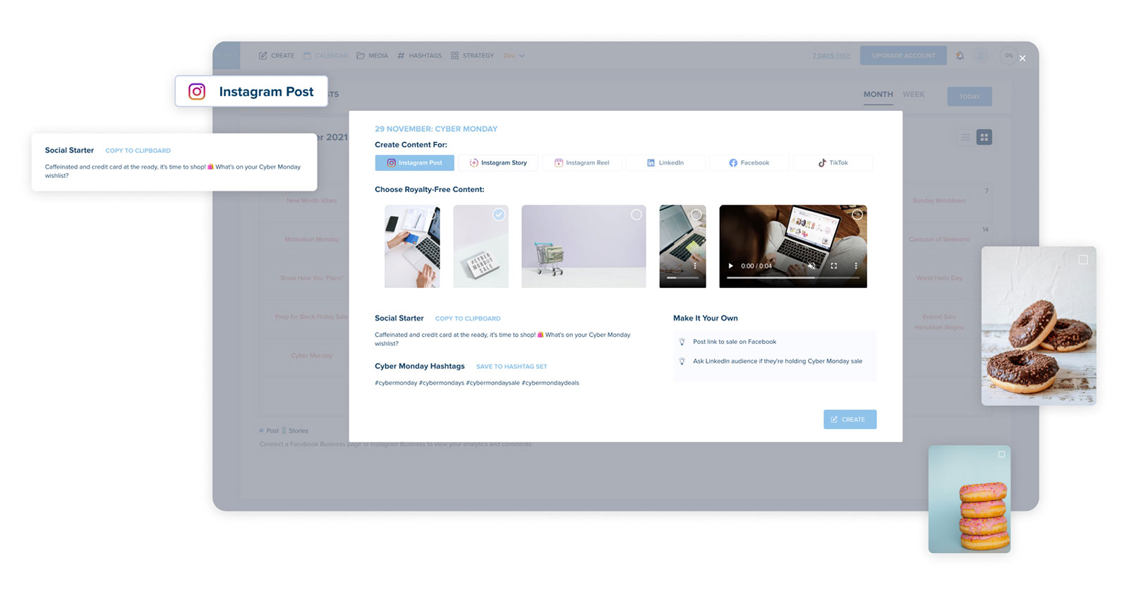A social media content creation interface displaying options for Instagram posts, stories, and related media, featuring Cyber Monday templates with images of laptops, shopping carts, and donuts, along with social media hashtags and content ideas | plannthat.com A social media content creation interface displaying options for Instagram posts, stories, and related media, featuring Cyber Monday templates with images of laptops, shopping carts, and donuts, along with social media hashtags and content ideas | plannthat.com