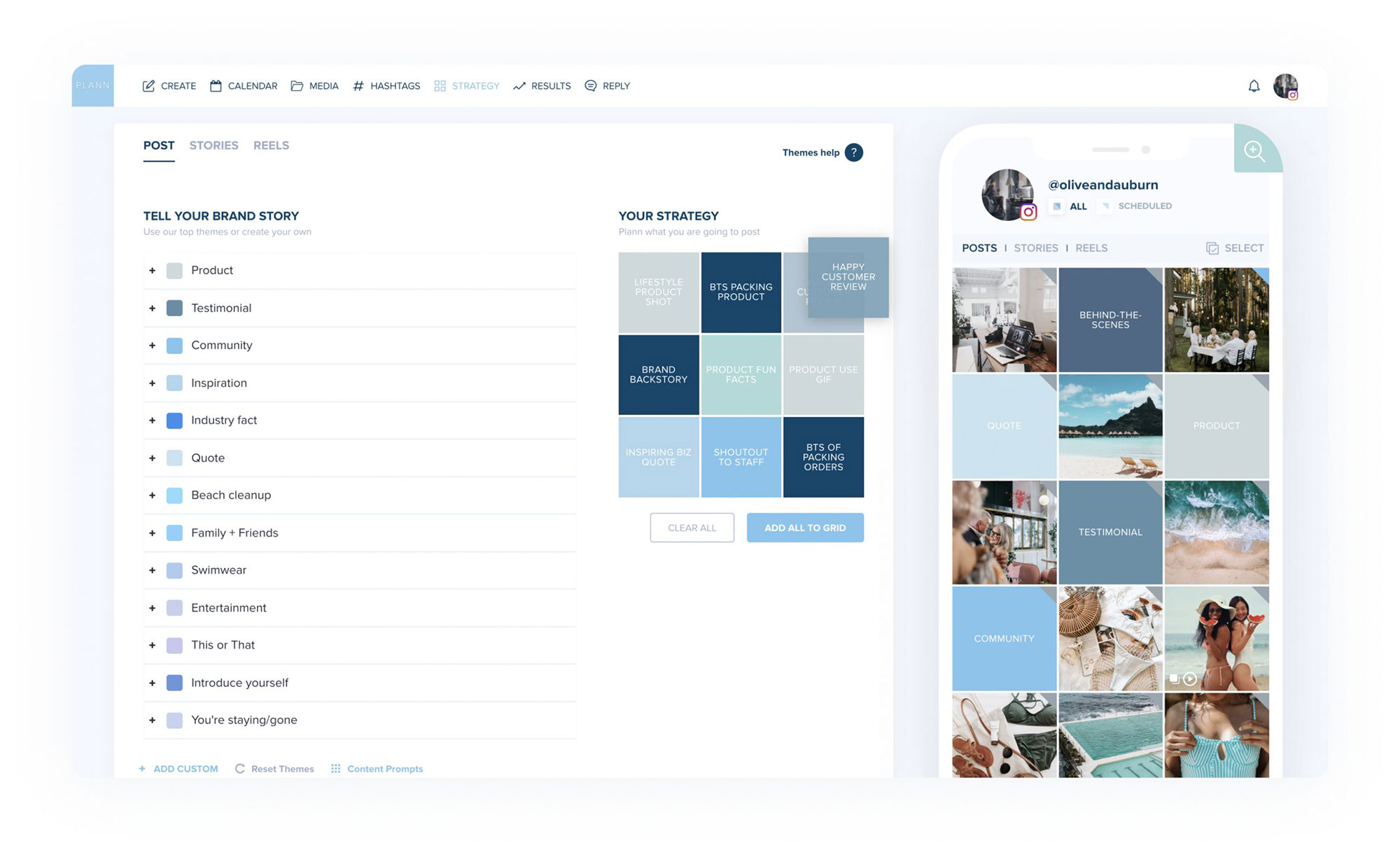 Social media strategy planning tool interface with content categories like Product, Testimonial, Community, and Inspiration, featuring a mobile preview of posts including quotes, product shots, and testimonials | plannthat.com Social media strategy planning tool interface with content categories like Product, Testimonial, Community, and Inspiration, featuring a mobile preview of posts including quotes, product shots, and testimonials | plannthat.com