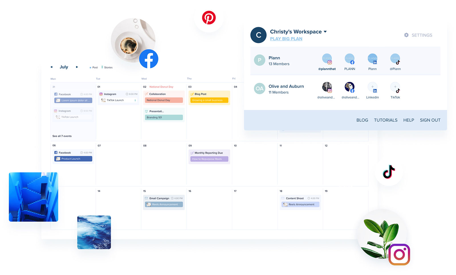 A digital workspace interface displaying a calendar with scheduled social media posts for Facebook, Pinterest, and Instagram, including user profiles, settings, and various social media platform icons | plannthat.com A digital workspace interface displaying a calendar with scheduled social media posts for Facebook, Pinterest, and Instagram, including user profiles, settings, and various social media platform icons | plannthat.com