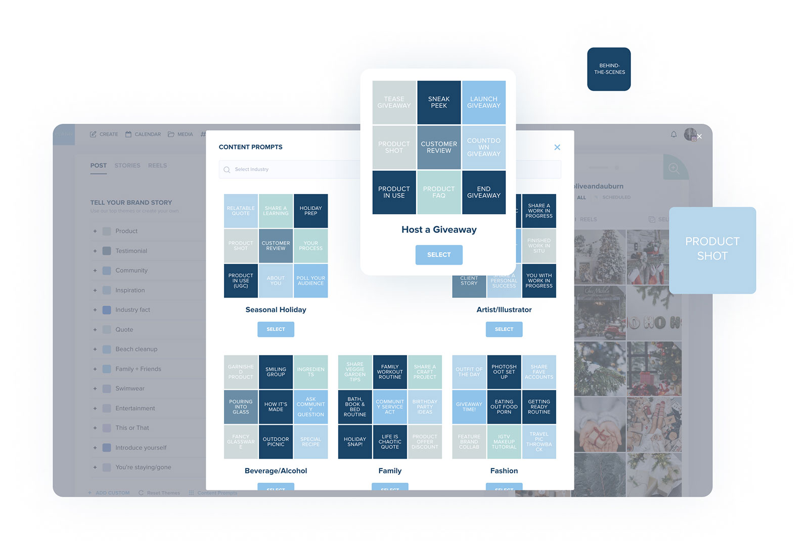 A digital interface displaying various content prompt templates for social media posts categorized by themes such as Seasonal Holidays, Beverage&Food, Family, and Fashion. A highlighted template suggests "Host a Giveaway." The background shows a blurred calendar view. | Social media planner | plannthat.com A digital interface displaying various content prompt templates for social media posts categorized by themes such as Seasonal Holidays, Beverage&Food, Family, and Fashion. A highlighted template suggests "Host a Giveaway." The background shows a blurred calendar view. | Social media planner | plannthat.com