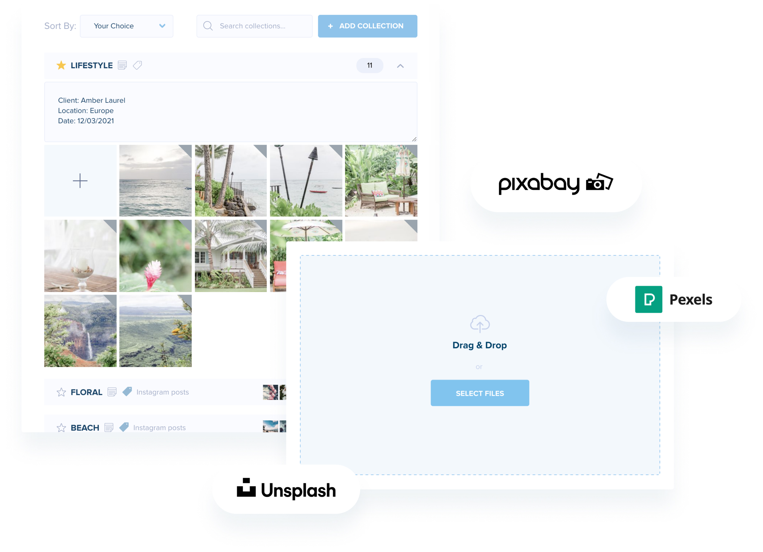 A digital interface displaying a "LIFESTYLE" photo collection with location and date details, featuring image selection, drag and drop upload, and integration with Pixabay, Pexels, and Unsplash, ideal for a social media scheduler | plannthat.com A digital interface displaying a "LIFESTYLE" photo collection with location and date details, featuring image selection, drag and drop upload, and integration with Pixabay, Pexels, and Unsplash, ideal for a social media scheduler | plannthat.com