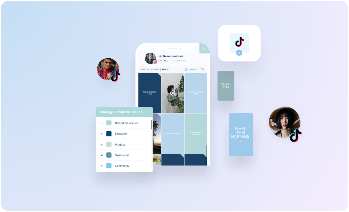 TikTok strategy planning interface with categories like Behind the scenes, Education, Product, Testimonial, and Community, featuring two user avatars and a smartphone displaying various content posts | Social media planner | plannthat.com