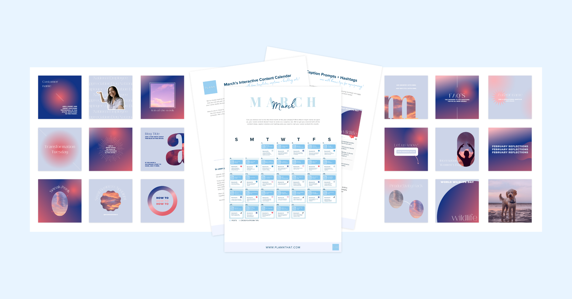 A content calendar for March featuring daily prompts, social media post templates, and engagement ideas, with colorful graphics, inspirational quotes, and thematic designs for various days and events | Social media scheduler | plannthat.com