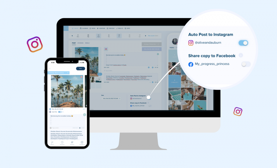 A computer screen and smartphone display an Instagram carousel post with scheduling options, including toggles for auto-posting to Instagram and sharing to Facebook. Instagram logos highlight social media management tools, emphasizing the Instagram scheduler feature. | plannthat.com