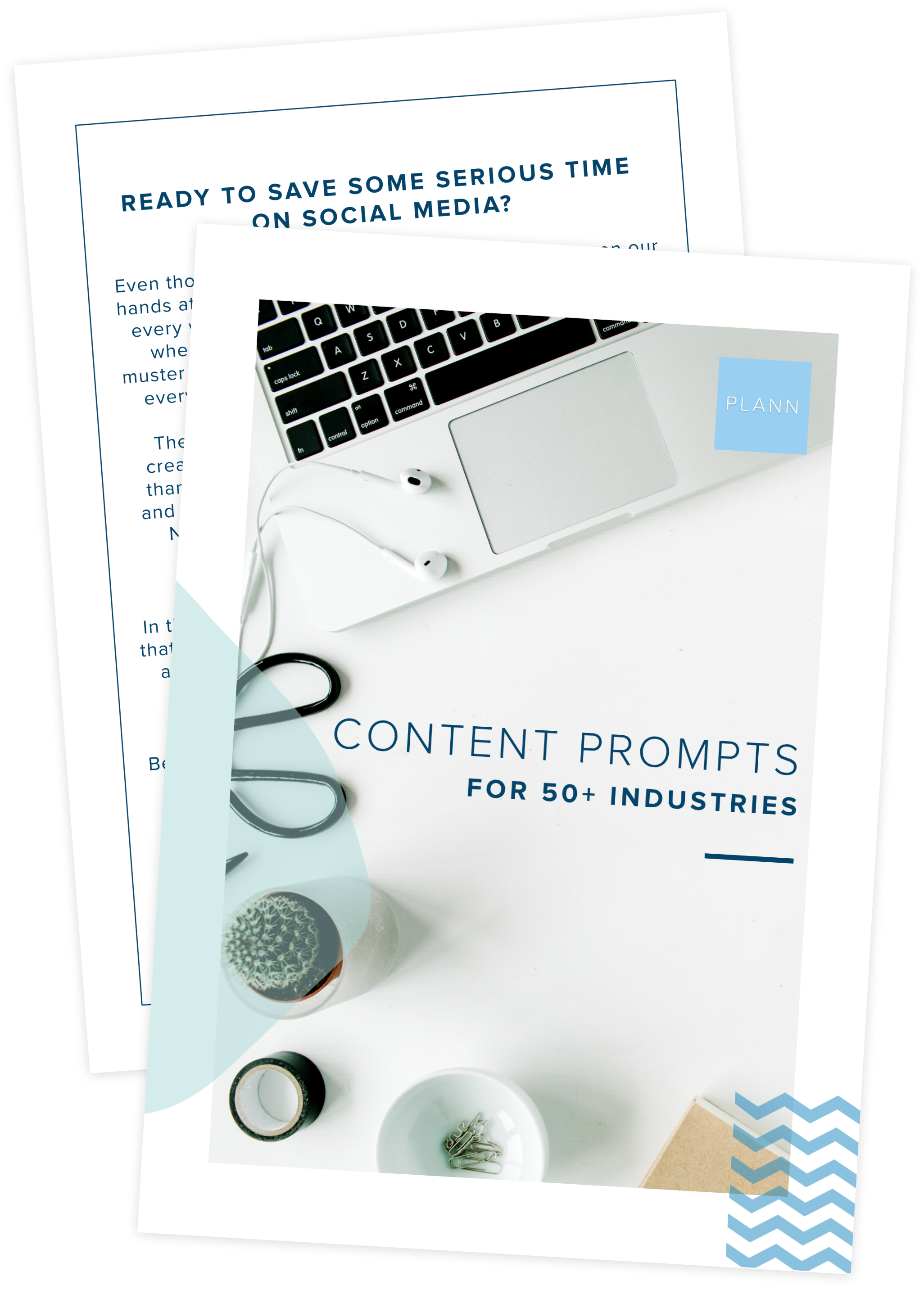 Mockup of a content prompts guide for over 50 industries with a minimalist design, featuring a laptop, earphones, and a plant on a white desk, titled "Content Prompts" with the Plann logo | social media planner | plannthat.com