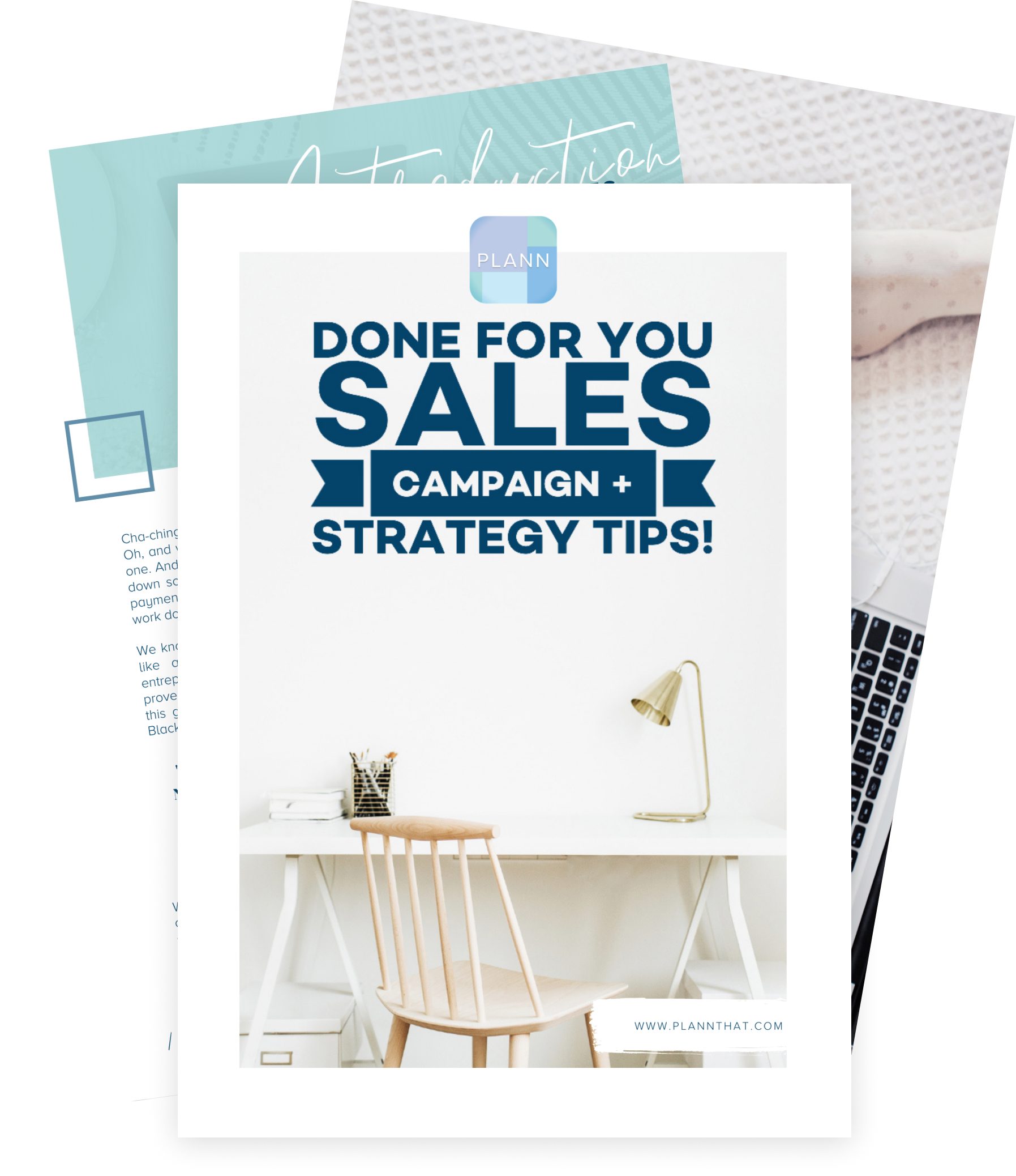 Promotional material titled 'Done For You Sales Campaign + Strategy Tips' by Plann, featuring a minimalist workspace with a chair, desk, lamp, and books, ideal for users of a social media scheduler | plannthat.com