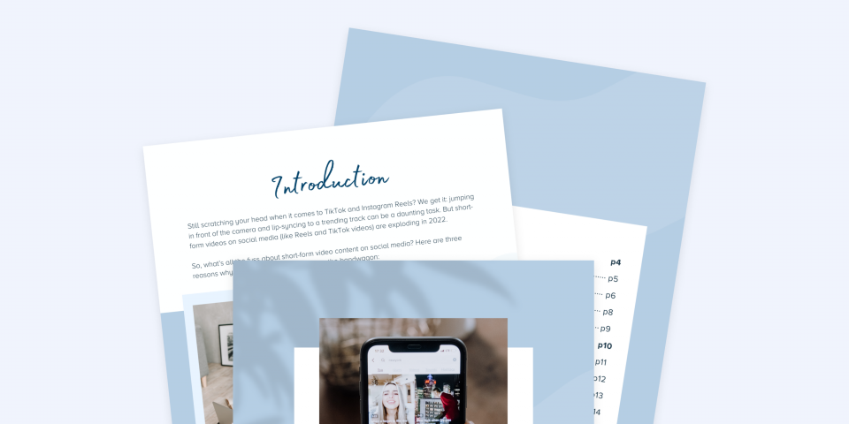 Stacked pages with an introduction to TikTok and Instagram Reels, discussing the rise of short-form video content. The top page features a smartphone showing a person on social media, highlighting the use of a social media planner | plannthat.com