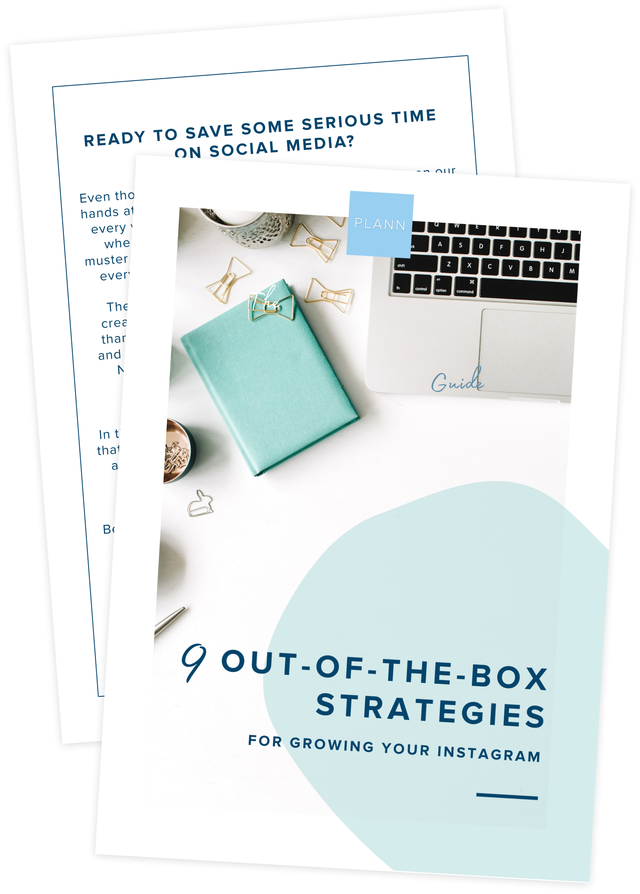 Mockup image of a guide titled "9 Out-of-the-Box Strategies for Growing Your Instagram" by Plann, featuring a laptop, teal notebook, and coffee cup, with a second page of text partially visible in the background, ideal for a social media scheduler | plannthat.com