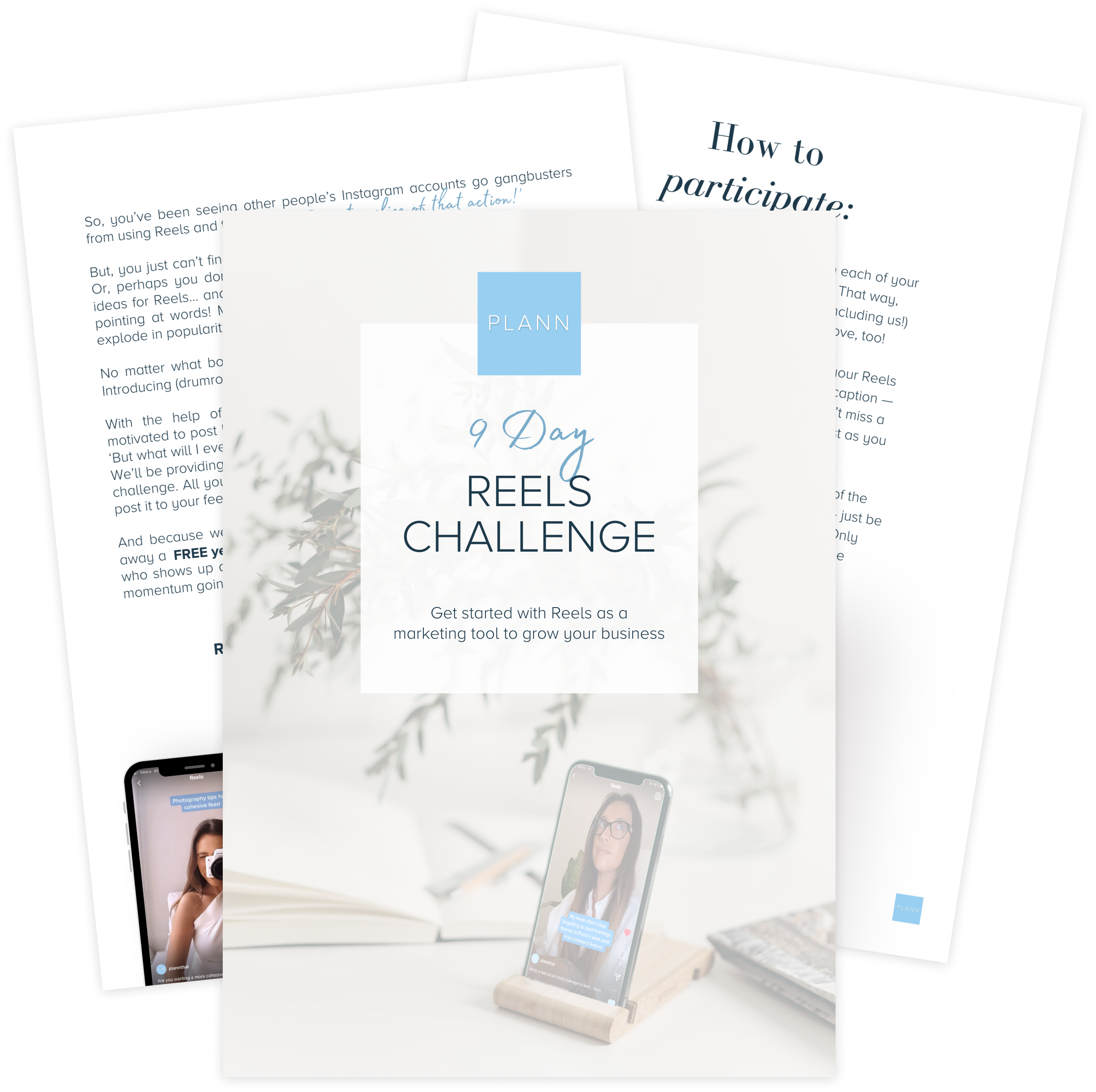 Promotional mockup for a "9 Day Reels Challenge" by Plann, featuring a smartphone with a woman on the screen and additional pages detailing participation and marketing with Reels | Social media scheduler | plannthat.com