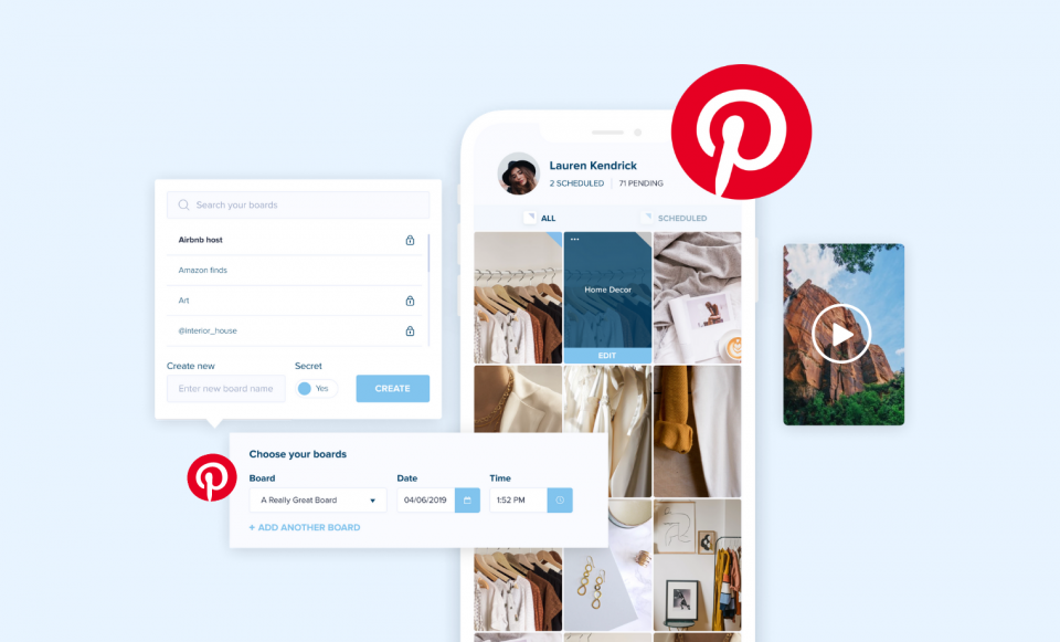 Pinterest interface showing user profile, boards, and a video thumbnail with options to create and organize boards, schedule pins, and manage secrecy settings | Social media scheduler | plannthat.com