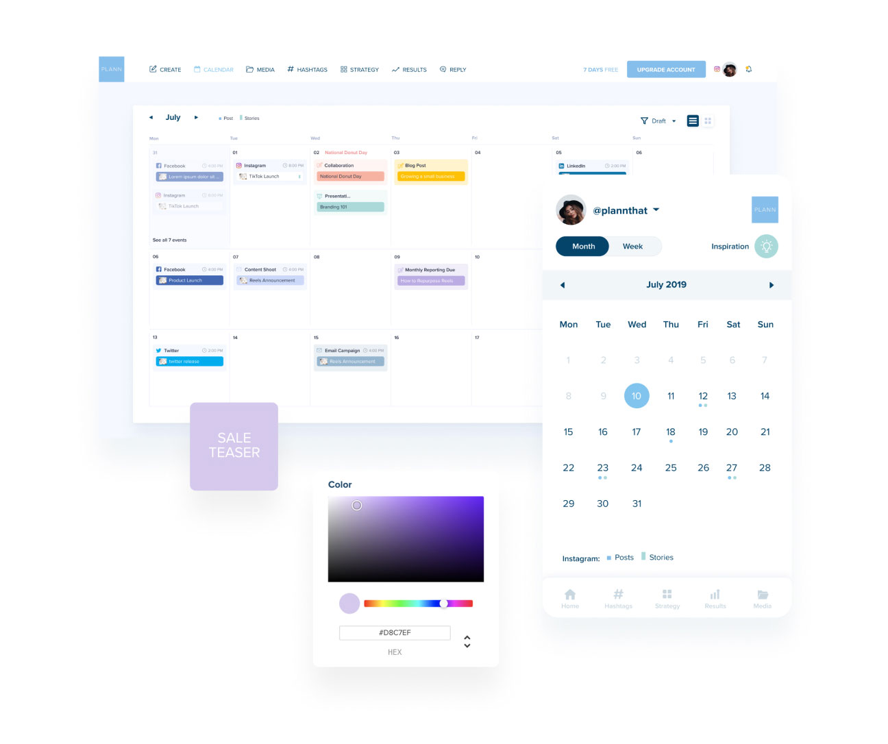 A digital calendar and planning tool interface showing a monthly view, color picker, and date-specific tasks, including social media scheduling, content strategy, and an upgrade account option | plannthat.com A digital calendar and planning tool interface showing a monthly view, color picker, and date-specific tasks, including social media scheduling, content strategy, and an upgrade account option | plannthat.com