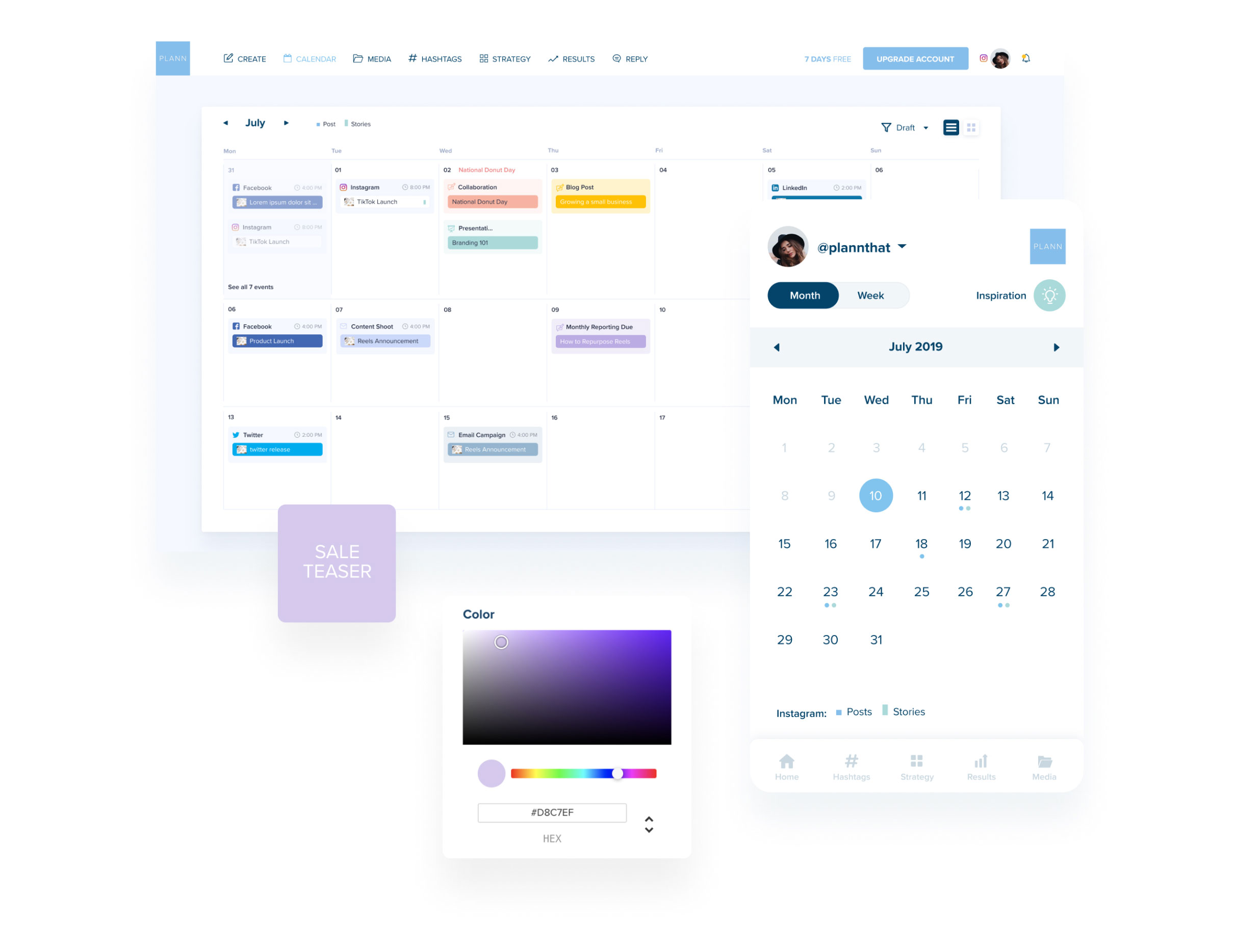A digital calendar interface showing a monthly view with various color-coded events, a color selection tool, and a smaller date selection calendar, designed for efficient scheduling and planning | Social media scheduler | plannthat.com A digital calendar interface showing a monthly view with various color-coded events, a color selection tool, and a smaller date selection calendar, designed for efficient scheduling and planning | Social media scheduler | plannthat.com