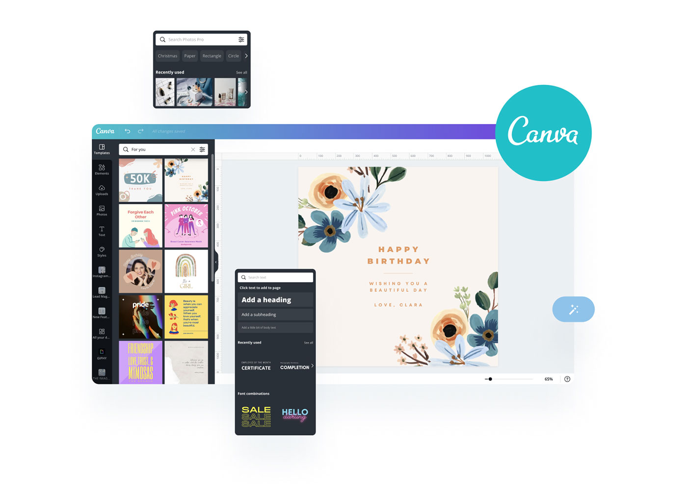 Canva interface showing a 'Happy Birthday' card design with floral elements, side panel with various templates and text customization options, search bar, and recently used items at the top, ideal for a social media planner | plannthat.com Canva interface showing a 'Happy Birthday' card design with floral elements, side panel with various templates and text customization options, search bar, and recently used items at the top, ideal for a social media planner | plannthat.com
