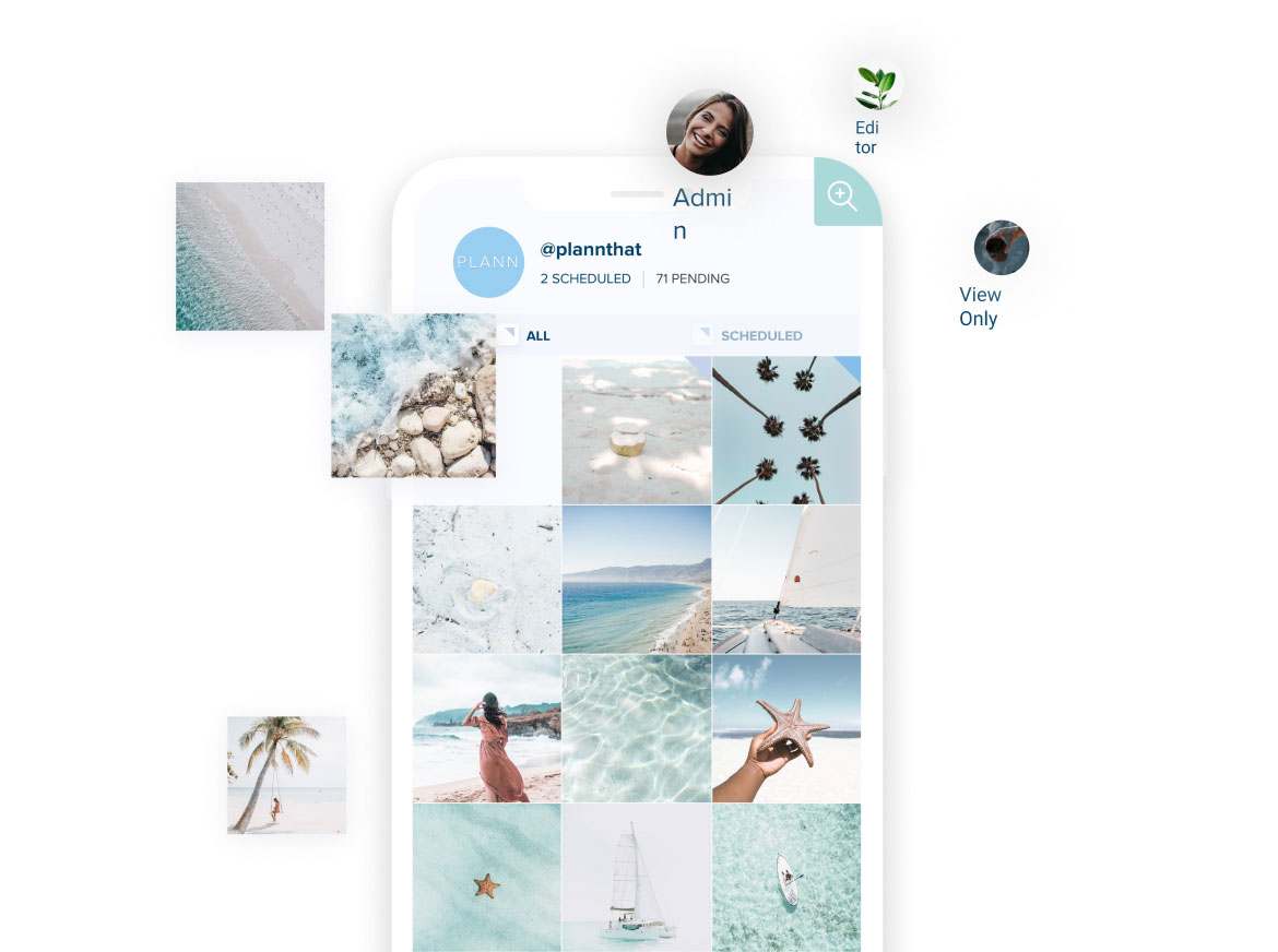 A mobile app interface displaying a grid of beach-themed photos with user roles including Admin, Editor, and View Only. The account @plannthat has 2 scheduled and 71 pending posts, showcasing the functionality of a social media scheduler. | plannthat.com A mobile app interface displaying a grid of beach-themed photos with user roles including Admin, Editor, and View Only. The account @plannthat has 2 scheduled and 71 pending posts, showcasing the functionality of a social media scheduler. | plannthat.com