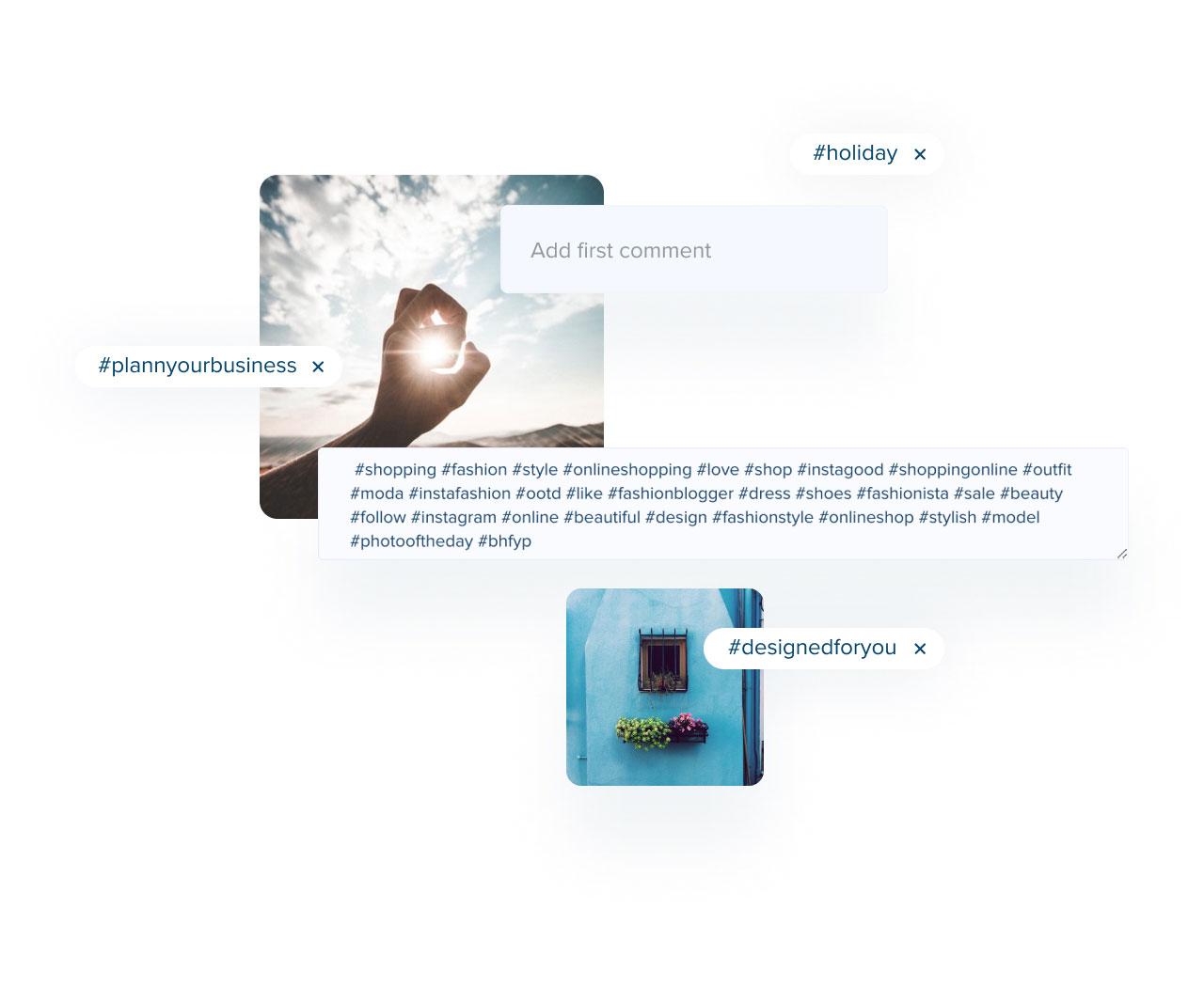 A collage of images with hashtags like #planyourbusiness, #holiday, and #designedforyou. One image shows a hand framing the sun, another shows a blue wall with a window and flowers | Social media planner | plannthat.com A collage of images with hashtags like #planyourbusiness, #holiday, and #designedforyou. One image shows a hand framing the sun, another shows a blue wall with a window and flowers | Social media planner | plannthat.com