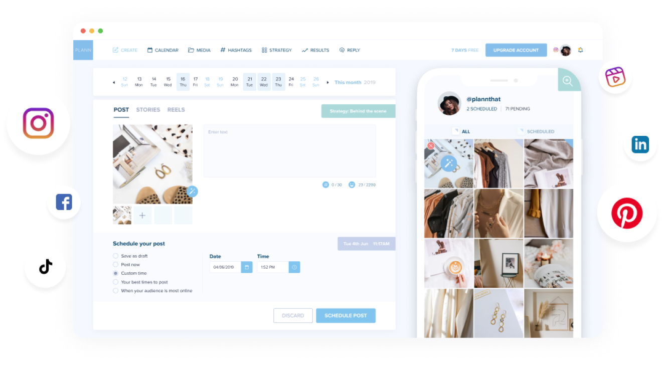 A digital workspace mockup showing a social media scheduler interface with a calendar, post scheduling options, and a mobile view of an Instagram profile, surrounded by social media icons including Instagram, LinkedIn, and Pinterest | plannthat.com A digital workspace mockup showing a social media scheduler interface with a calendar, post scheduling options, and a mobile view of an Instagram profile, surrounded by social media icons including Instagram, LinkedIn, and Pinterest | plannthat.com