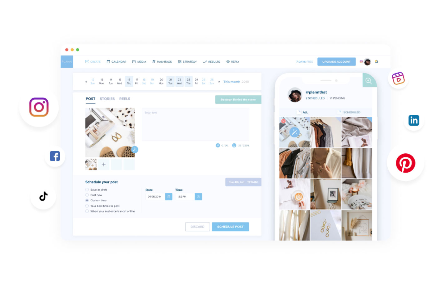 A digital workspace mockup displaying a social media scheduler tool with scheduling options, post previews, and analytics for Instagram, Facebook, LinkedIn, TikTok, and Pinterest. The design is clean and user-friendly. | plannthat.com A digital workspace mockup displaying a social media scheduler tool with scheduling options, post previews, and analytics for Instagram, Facebook, LinkedIn, TikTok, and Pinterest. The design is clean and user-friendly. | plannthat.com
