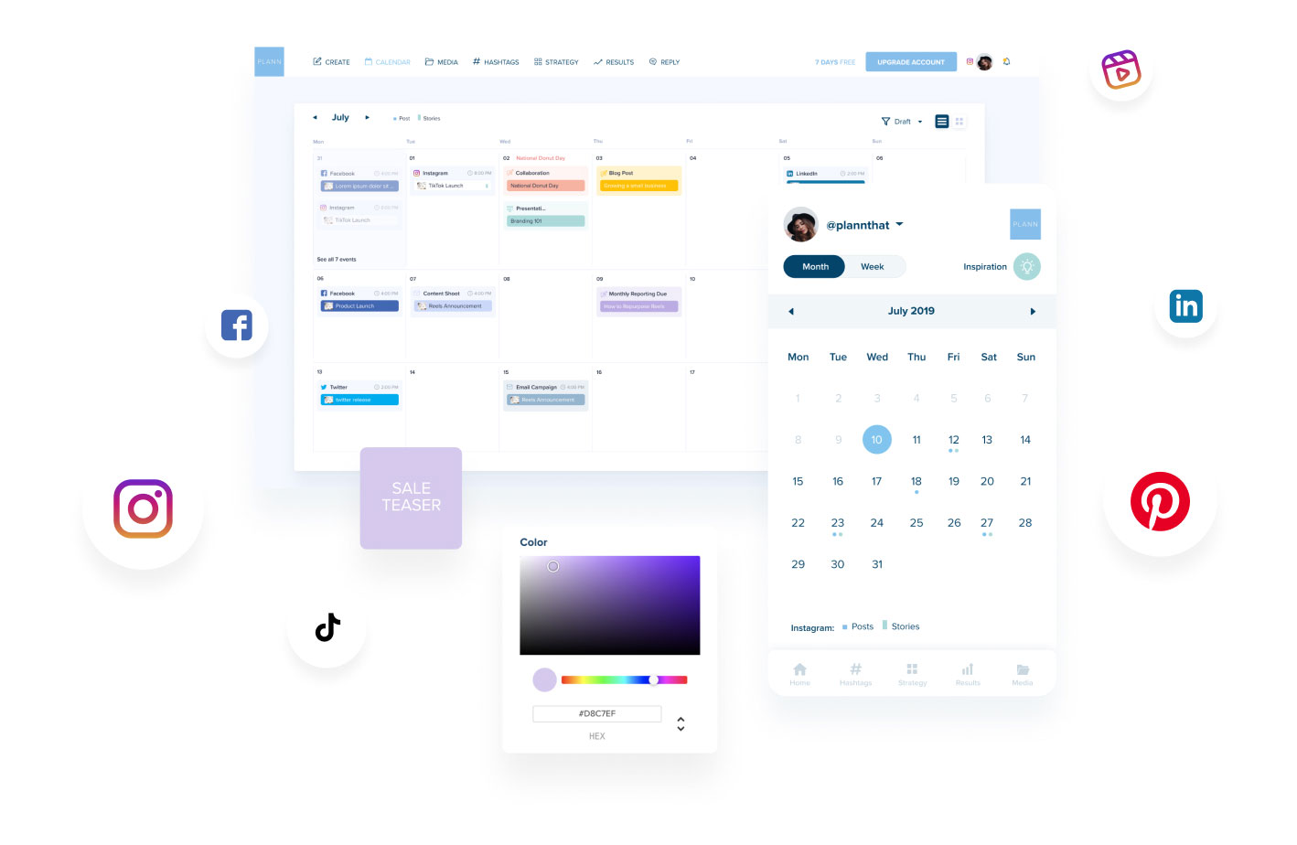 A digital workspace mockup showcasing a calendar interface with social media icons (Facebook, Instagram, TikTok, LinkedIn, Pinterest), a color palette tool, and a monthly planner, emphasizing social media scheduling and content planning features | plannthat.com A digital workspace mockup showcasing a calendar interface with social media icons (Facebook, Instagram, TikTok, LinkedIn, Pinterest), a color palette tool, and a monthly planner, emphasizing social media scheduling and content planning features | plannthat.com