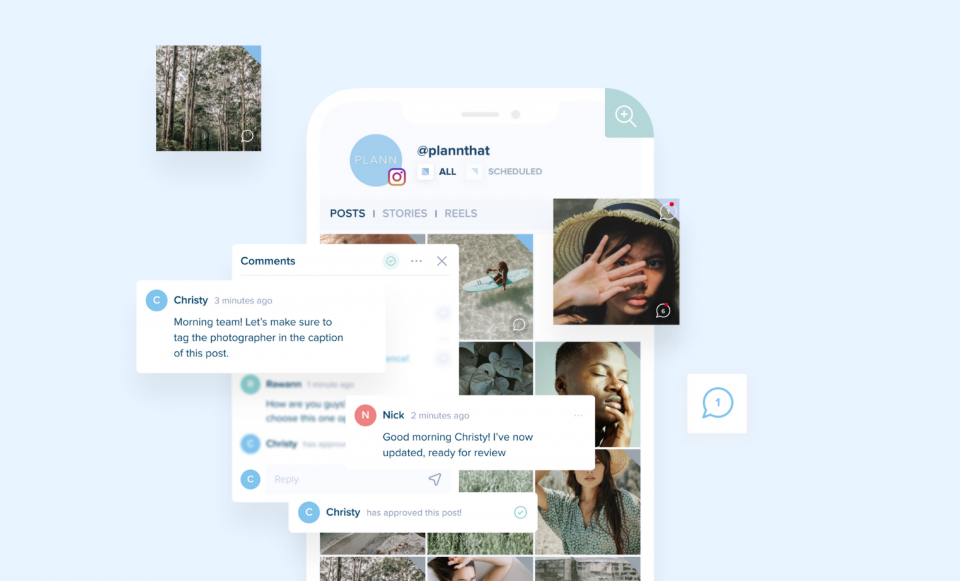 A mobile app interface showing a team chat and approval flow for social media posts, displaying comments, approvals, and a grid of images, focusing on collaborative content management and scheduling | plannthat.com