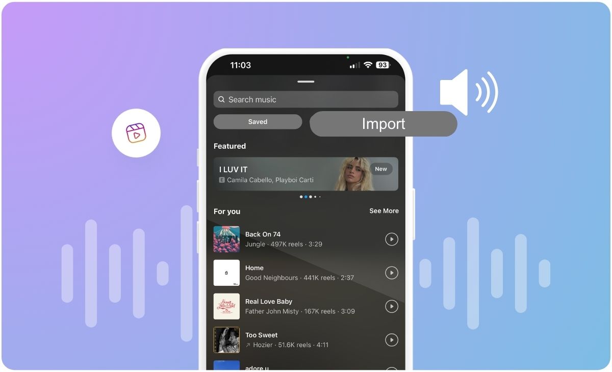 A smartphone screen displays the Instagram Reels interface with an "Import" button highlighted, showcasing the new feature allowing users to import their own audio. The background features sound wave graphics, enhancing the visual representation of this update for Instagram schedulers. | plannthat.com