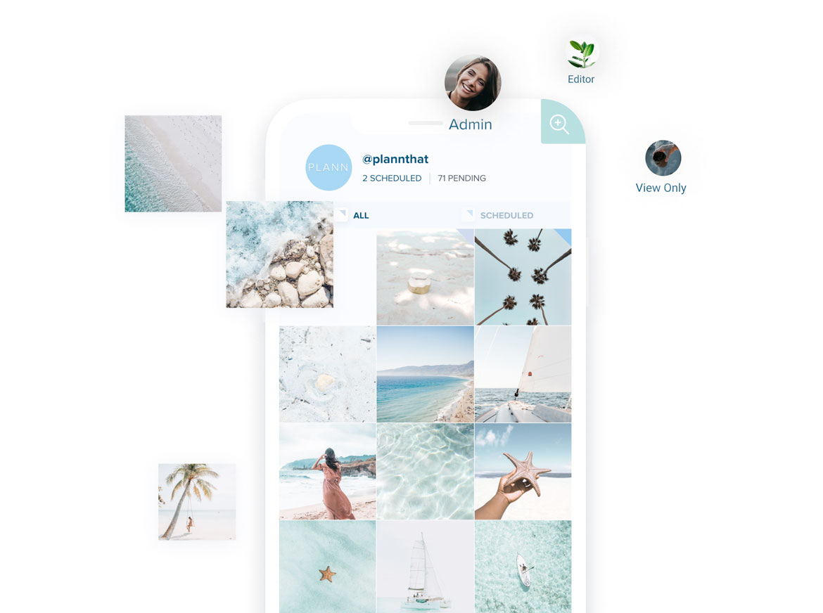 Mobile app interface for scheduling Instagram posts, featuring a grid of beach-themed photos, user roles (Admin, Editor, View Only), and account details. Users can manage and schedule content visually using this Instagram scheduler. | plannthat.com Mobile app interface for scheduling Instagram posts, featuring a grid of beach-themed photos, user roles (Admin, Editor, View Only), and account details. Users can manage and schedule content visually using this Instagram scheduler. | plannthat.com