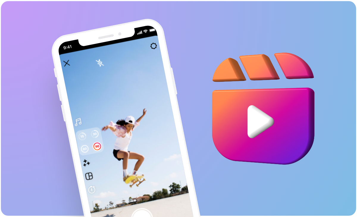 A smartphone displays a person skateboarding mid-air on Instagram Reels, set against a gradient blue-purple background. An Instagram Reels icon is prominently featured to the right of the phone, emphasizing social media content creation with an Instagram scheduler. | plannthat.com