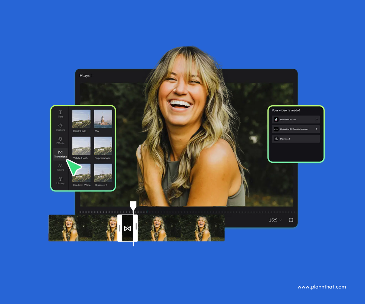 The CapCut interface shows a range of transitions available for a video of a woman laughing at the camera.